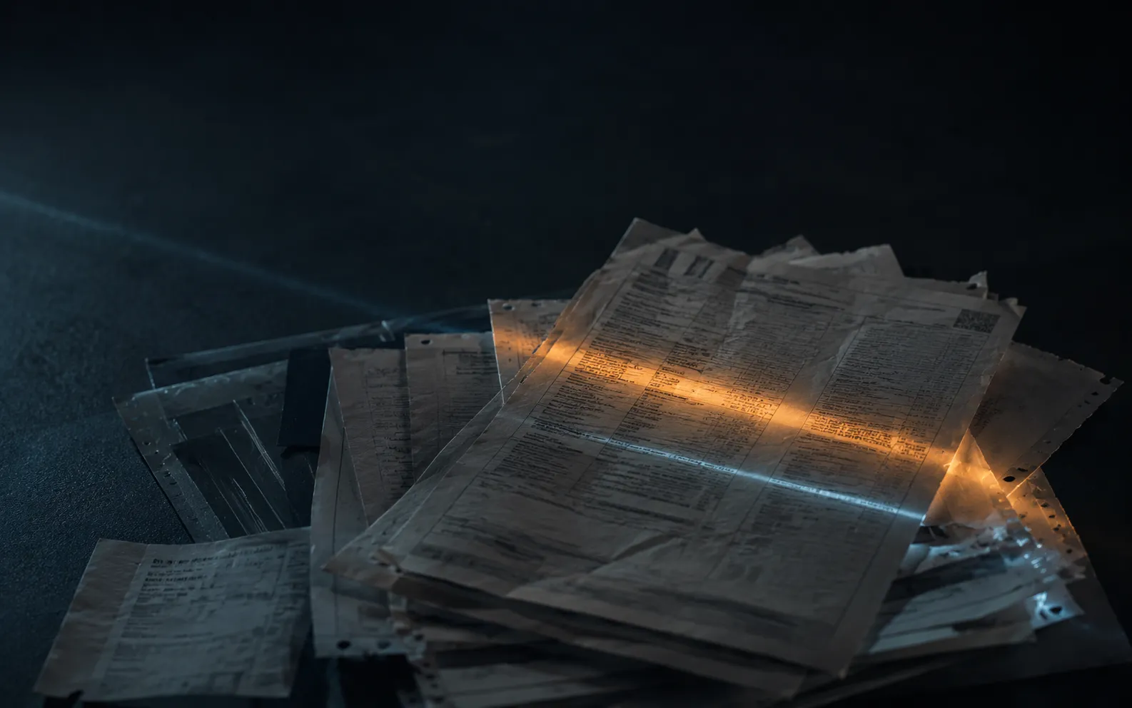 A stack of creased paper invoices on a dark surface, crossed by a bright scanning light