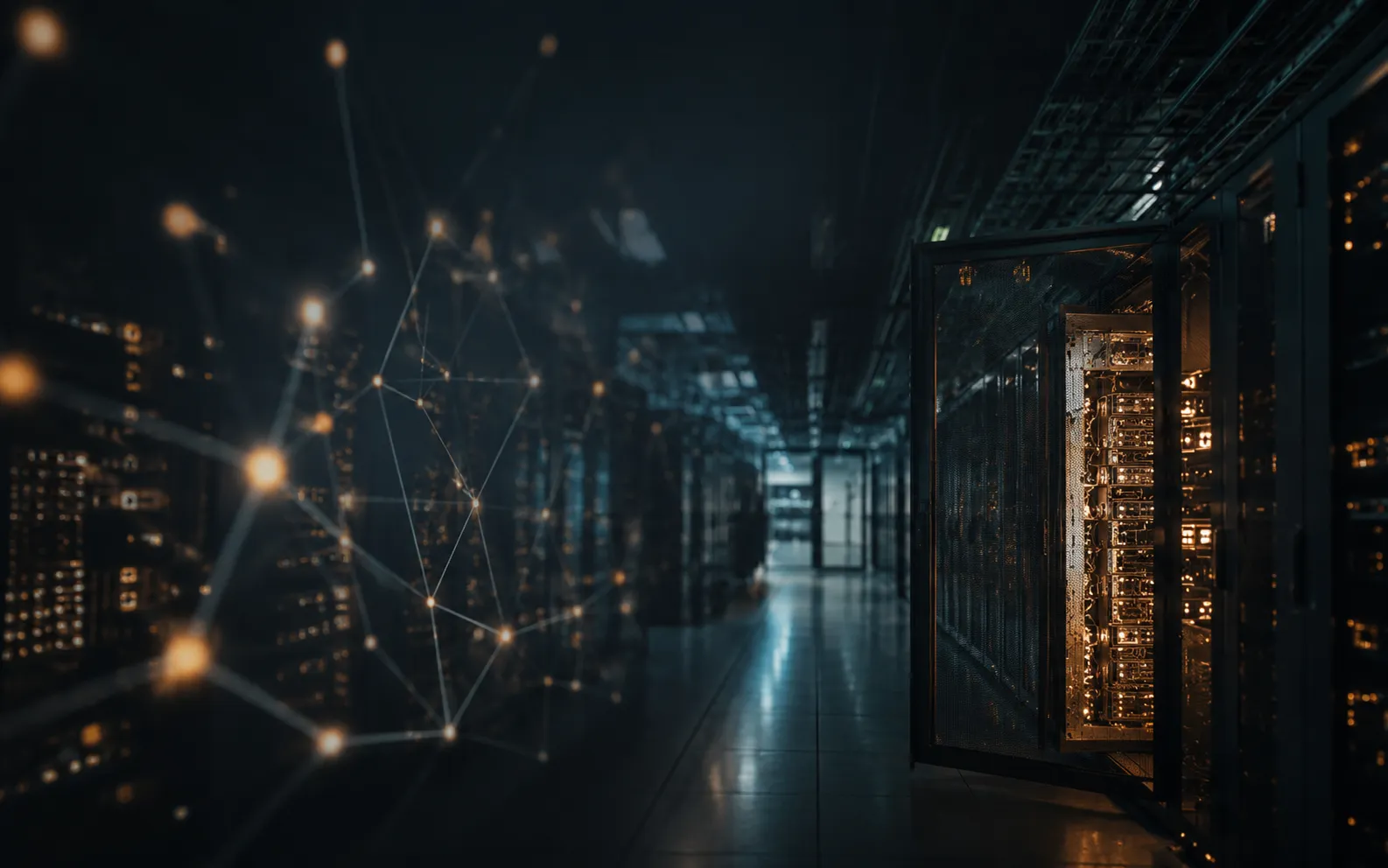 Dark data-centre corridor with an open server rack, overlaid with a glowing network-graph motif