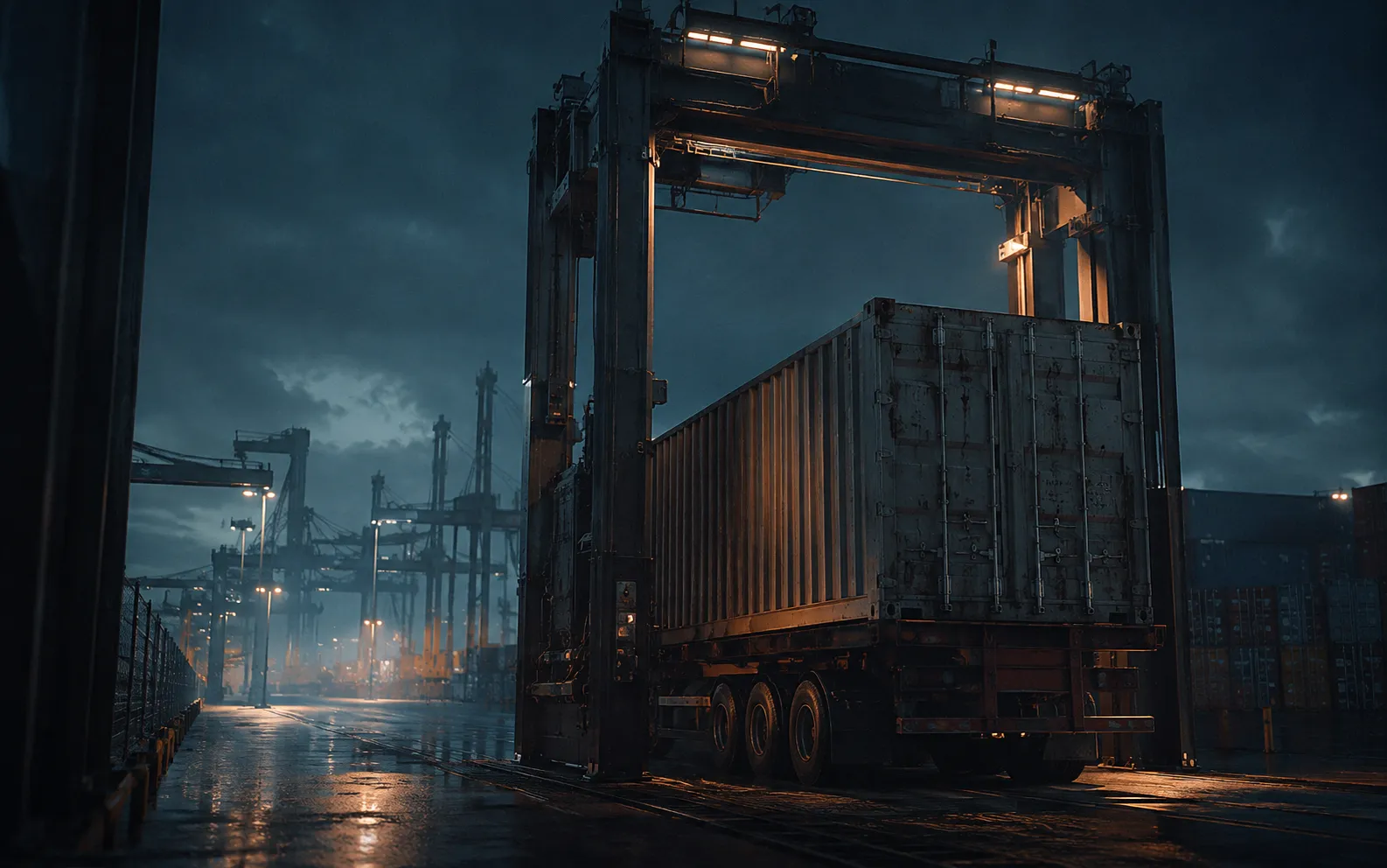 A shipping container passing through an industrial scanning gantry at a port at night