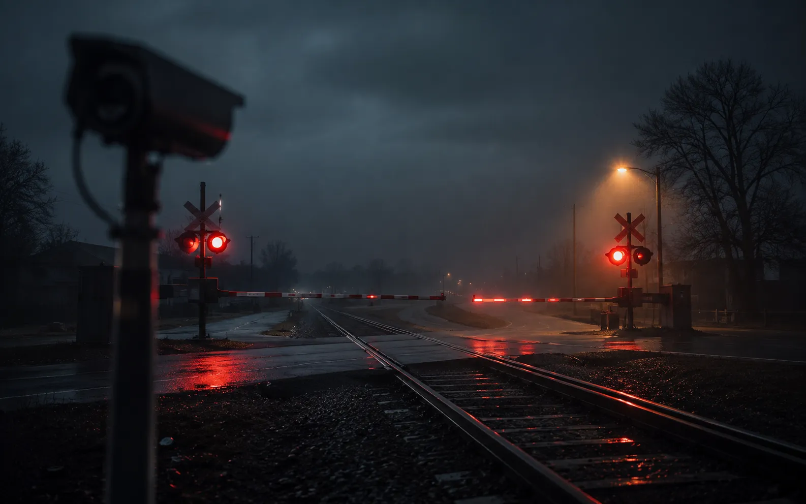 A level crossing at dusk in rain, barriers down and red warning lights lit, with a camera on a pole