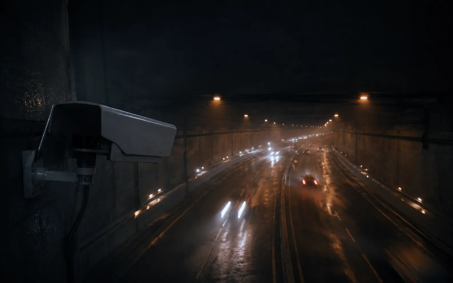 A monitoring camera mounted on a tunnel wall above wet carriageways at night